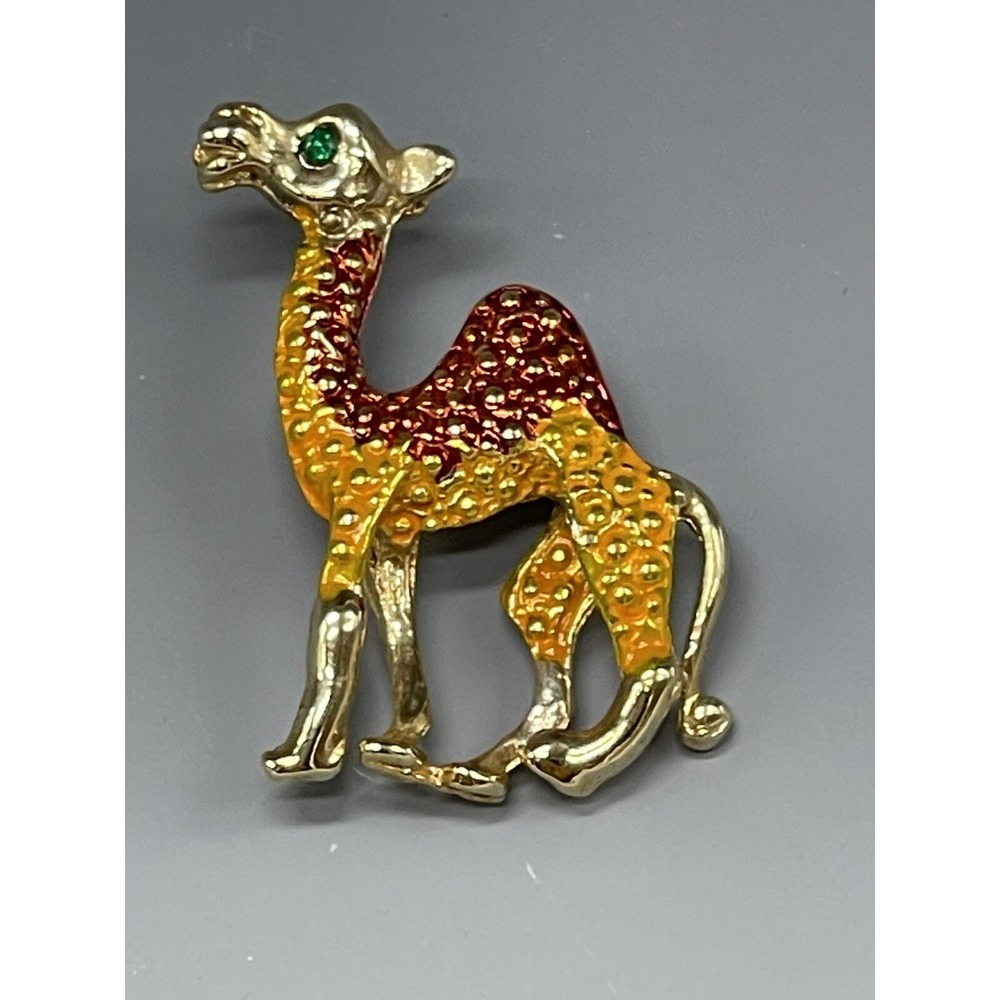 Vintage Enamel Brooch Pin Camel Gold -Tone Rhinestone-Eye Retro
